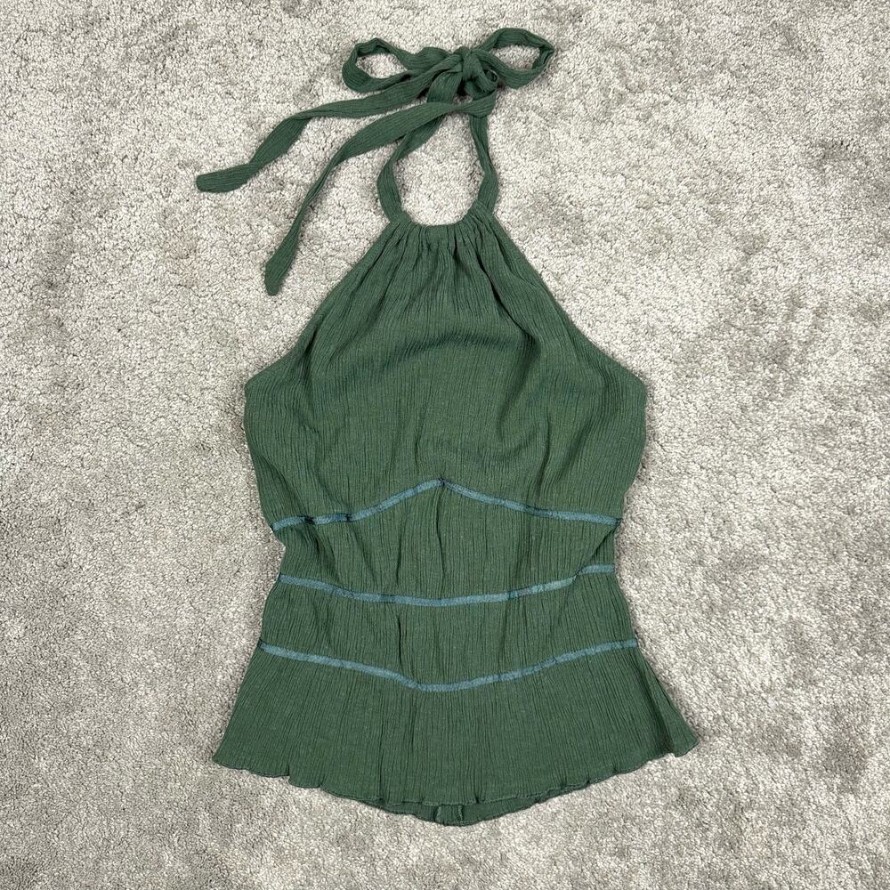 Topshop Tiered Crinkle Halter Neck Tank Top Size 4 Khaki Green Sleeveless